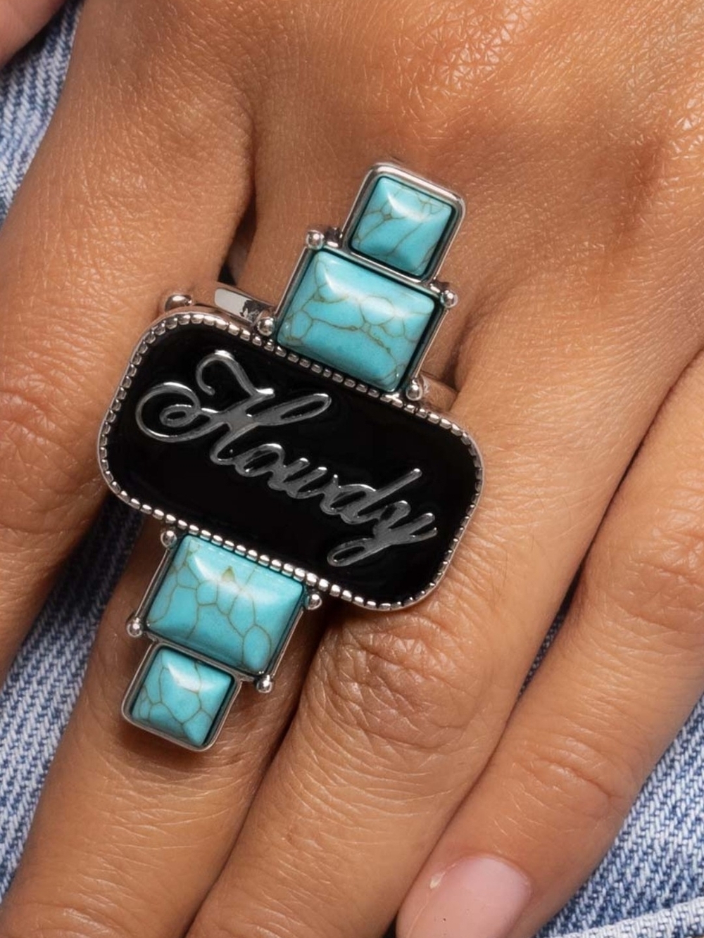 Turquoise And Silver 'Howdy' Script Statement Ring
